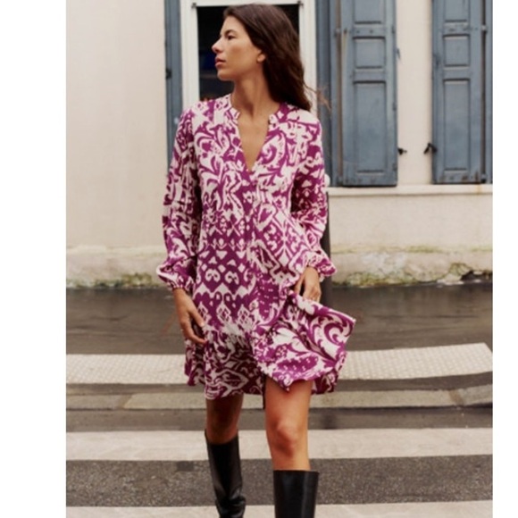Zara Abstract Magenta Ivory   Button Front Boho tiered oversized shirt dress M - Picture 1 of 15